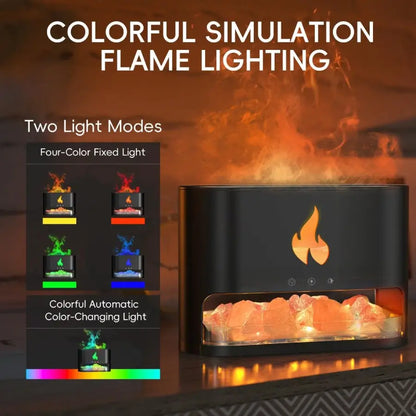JLD Firestone Diffuser with Himalayan salt therapy, essential oil mist, and realistic LED flame effect—creating a soothing and ambient atmosphere for relaxation and wellness.