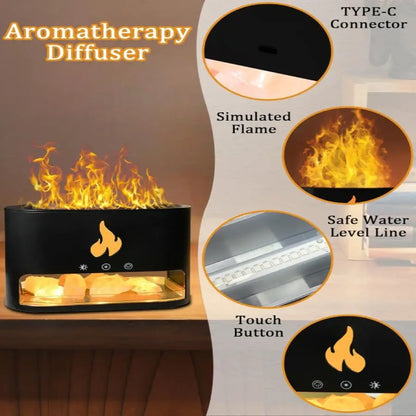 JLD Firestone Diffuser with Himalayan salt therapy, essential oil mist, and realistic LED flame effect—creating a soothing and ambient atmosphere for relaxation and wellness.