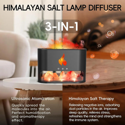JLD Firestone Diffuser with Himalayan salt therapy, essential oil mist, and realistic LED flame effect—creating a soothing and ambient atmosphere for relaxation and wellness.