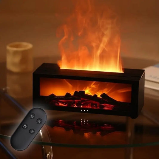 JLD Fireplace Diffuser emitting a cozy flame effect with soothing mist, enhanced by 7-color LED lights—perfect for relaxation, sleep, and aromatherapy