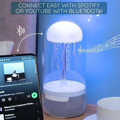 Echojelly jellyfish lamp with glowing LED lights and Bluetooth speaker, creating a serene underwater ambiance for relaxation and mood enhancement.